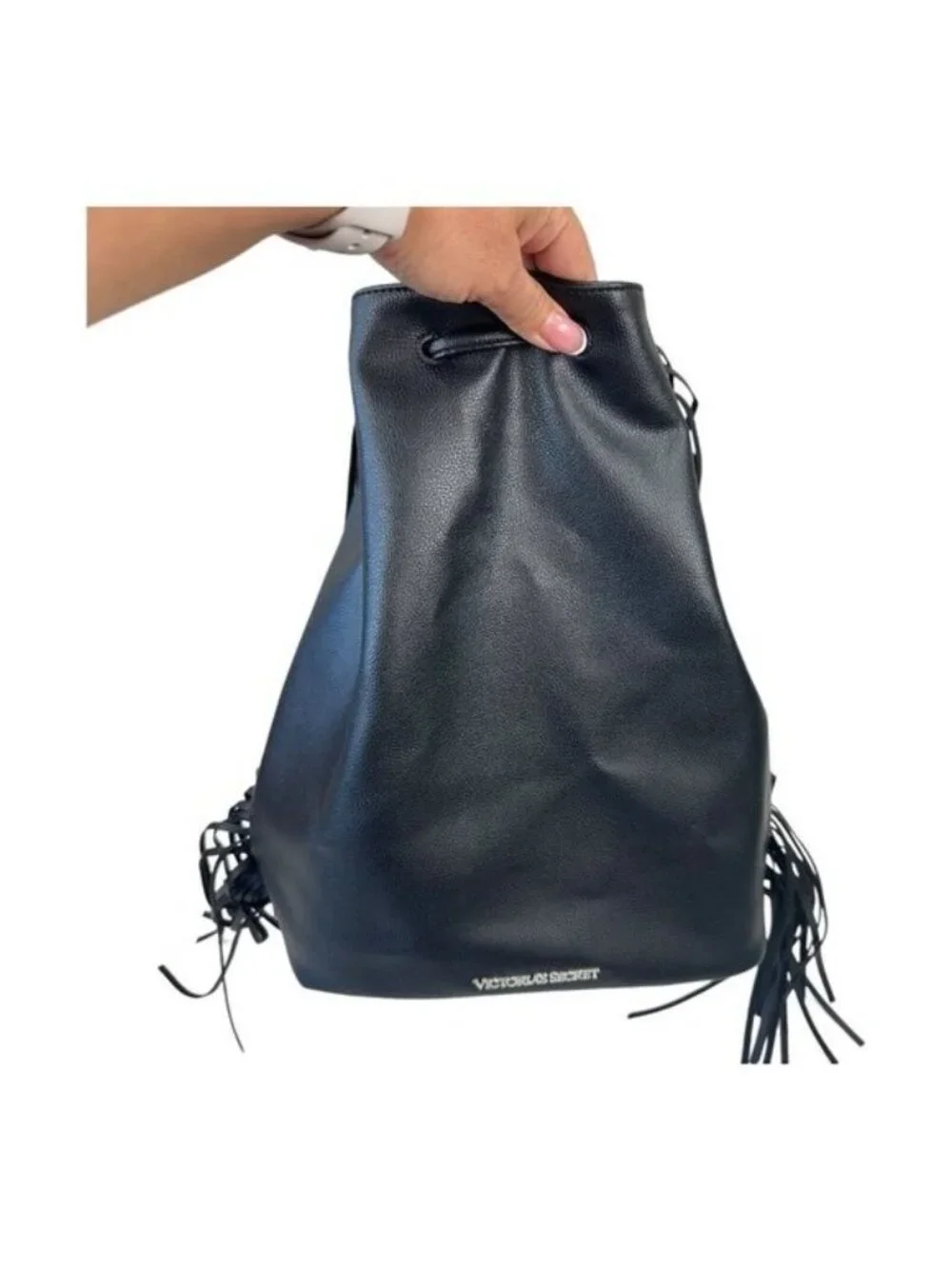 Victoria's Secret Backpack Solid Black Faux Suede Fringed Drawstring Bag Purse
